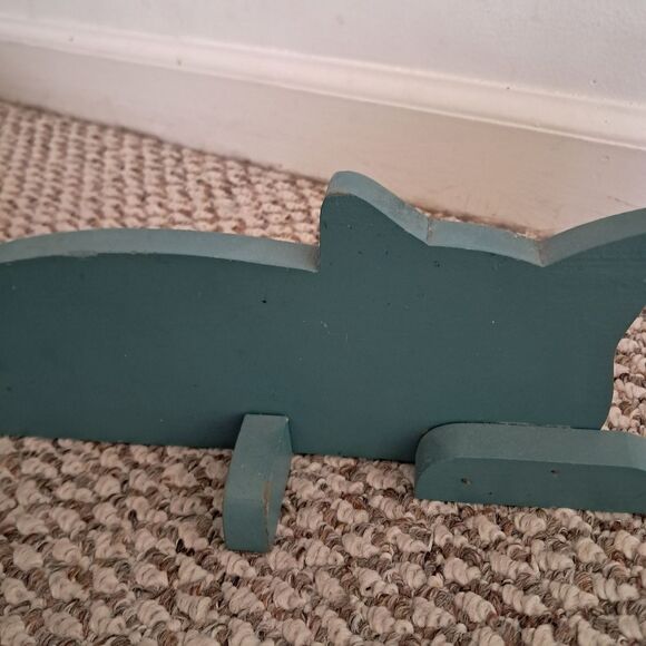 Blue Painted Wooden Resting Cat Decor Folk Art - Picture 5 of 7